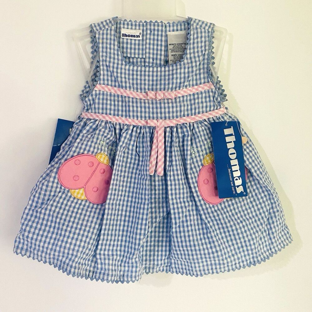 Vintage Baby 12 months Blue Gingham Sleeveless Dress with Bloomers Lady Bug